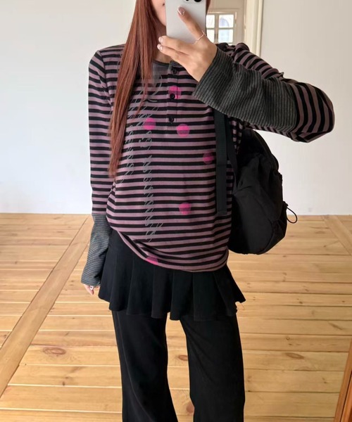 AsRiRe(アスリレイ)の「26aw ドットスタープリントボーダーレイヤード風ヘンリーネックトップス(Tシャツ/カットソー・レディース・パープル/グリーン・M)」の14枚目の写真