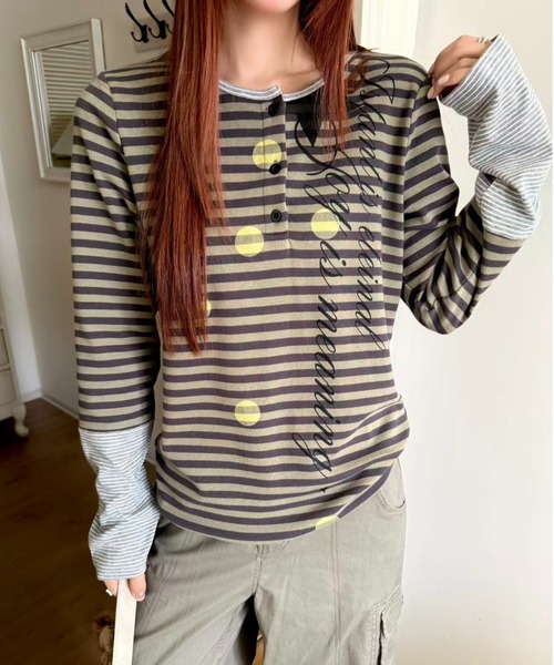 AsRiRe(アスリレイ)の「26aw ドットスタープリントボーダーレイヤード風ヘンリーネックトップス(Tシャツ/カットソー・レディース・パープル/グリーン・M)」の15枚目の写真