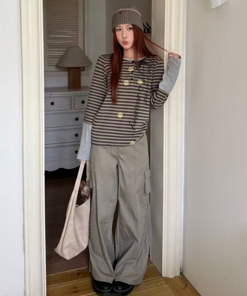 AsRiRe(アスリレイ)の「26aw ドットスタープリントボーダーレイヤード風ヘンリーネックトップス(Tシャツ/カットソー・レディース・パープル/グリーン・M)」の7枚目の写真