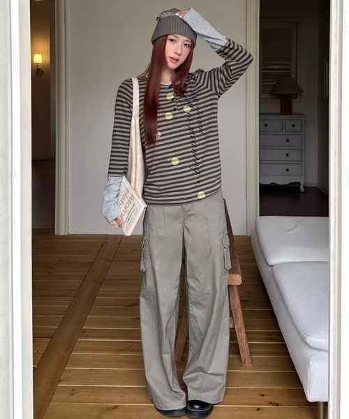 AsRiRe(アスリレイ)の「26aw ドットスタープリントボーダーレイヤード風ヘンリーネックトップス(Tシャツ/カットソー・レディース・パープル/グリーン・M)」の9枚目の写真