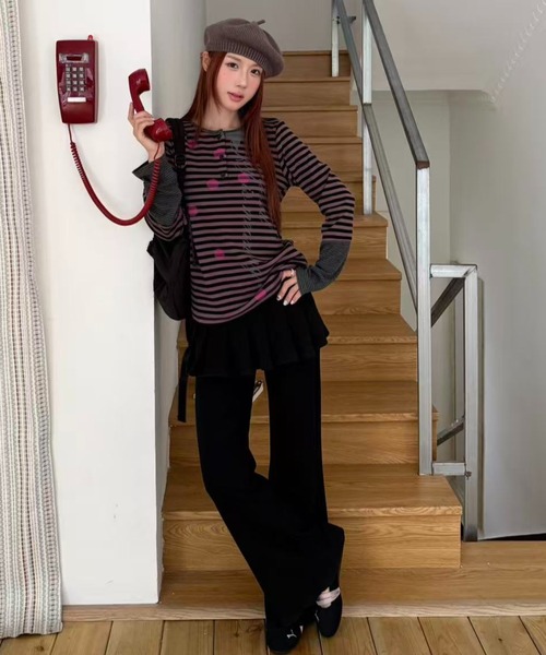 AsRiRe(アスリレイ)の「26aw ドットスタープリントボーダーレイヤード風ヘンリーネックトップス(Tシャツ/カットソー・レディース・パープル/グリーン・M)」の22枚目の写真