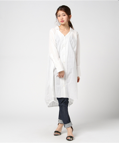 un dix cors（アンディコール）の「ヘムドロストシャツワンピース（ワンピース・レディース・ホワイト/ライトグリーン・ﾌﾘ-）」の2枚目の写真