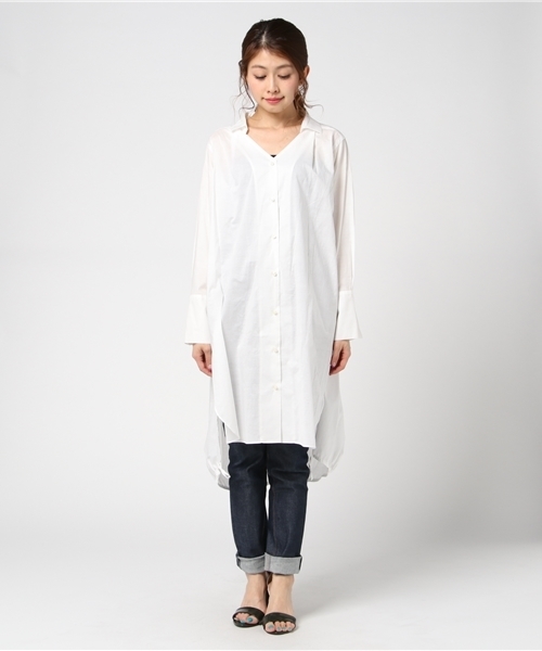 un dix cors（アンディコール）の「ヘムドロストシャツワンピース（ワンピース・レディース・ホワイト/ライトグリーン・ﾌﾘ-）」の3枚目の写真