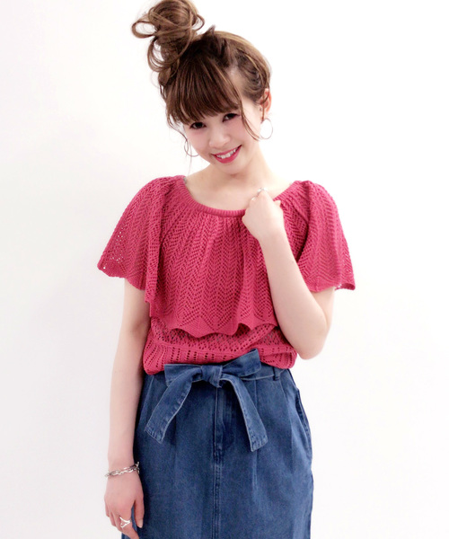 archives（アルシーヴ）の「透かし編みフリルプルオーバー（ニット/セーター・レディース・ブラック/ピンク/マスタード/オフホワイト・MEDIUM）」の4枚目の写真