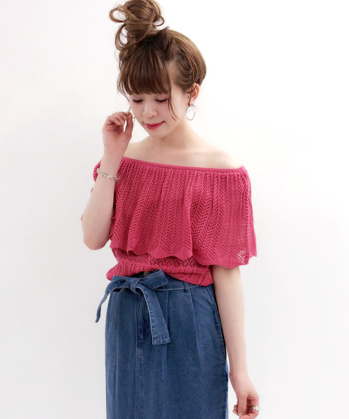 archives（アルシーヴ）の「透かし編みフリルプルオーバー（ニット/セーター・レディース・ブラック/ピンク/マスタード/オフホワイト・MEDIUM）」の5枚目の写真