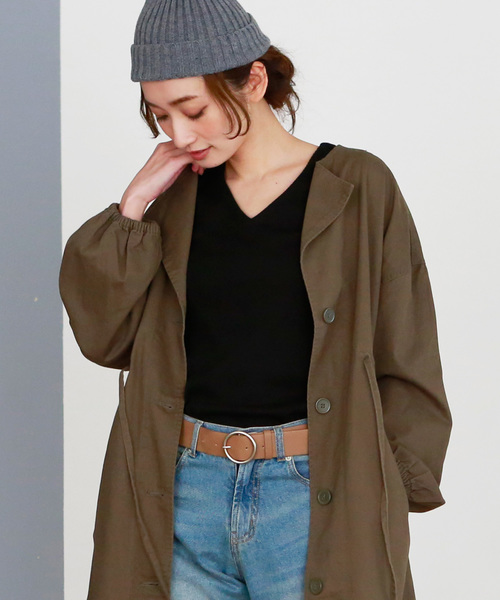 Luz Llena(ラズレナ)の「Vネックテレコリブトップス(Tシャツ/カットソー・レディース・ブラック/オフホワイト/ホワイト×ブラック/杢グレー・MEDIUM)」の1枚目の写真