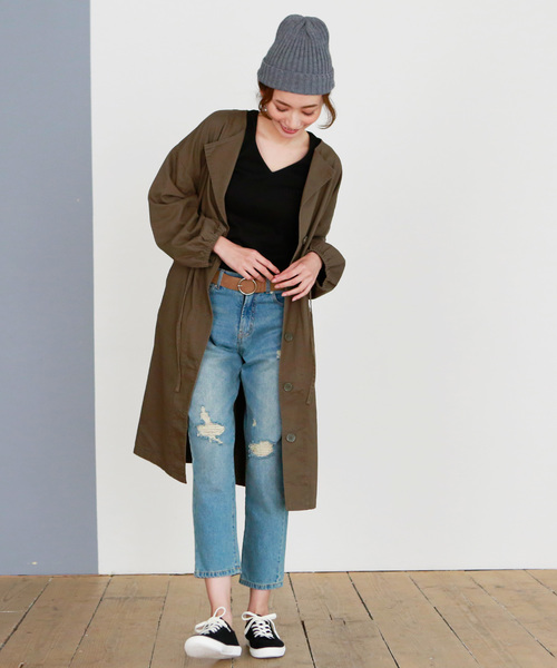 Luz Llena(ラズレナ)の「Vネックテレコリブトップス(Tシャツ/カットソー・レディース・ブラック/オフホワイト/ホワイト×ブラック/杢グレー・MEDIUM)」の15枚目の写真