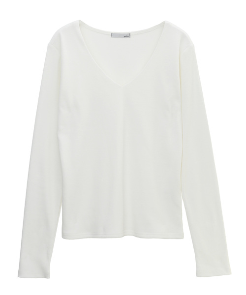 Luz Llena(ラズレナ)の「Vネックテレコリブトップス(Tシャツ/カットソー・レディース・ブラック/オフホワイト/ホワイト×ブラック/杢グレー・MEDIUM)」の18枚目の写真