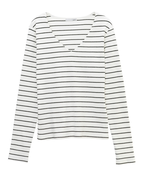 Luz Llena(ラズレナ)の「Vネックテレコリブトップス(Tシャツ/カットソー・レディース・ブラック/オフホワイト/ホワイト×ブラック/杢グレー・MEDIUM)」の5枚目の写真