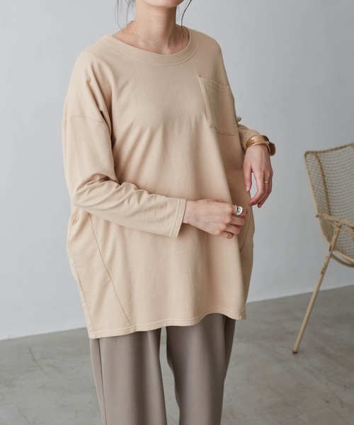 Chaco closet（チャコ クローゼット）の「裏毛コクーンビッグシルエットステッチポケット付きカットソー（Tシャツ/カットソー・レディース・ライトカーキ/ベージュ/ネイビー/杢グレー/オフホワイト/ブラック・FREE）」の5枚目の写真