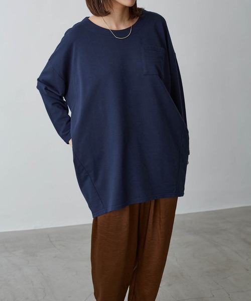 Chaco closet（チャコ クローゼット）の「裏毛コクーンビッグシルエットステッチポケット付きカットソー（Tシャツ/カットソー・レディース・ライトカーキ/ベージュ/ネイビー/杢グレー/オフホワイト/ブラック・FREE）」の6枚目の写真