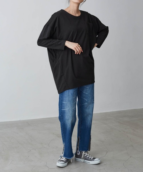 Chaco closet（チャコ クローゼット）の「裏毛コクーンビッグシルエットステッチポケット付きカットソー（Tシャツ/カットソー・レディース・ライトカーキ/ベージュ/ネイビー/杢グレー/オフホワイト/ブラック・FREE）」の21枚目の写真