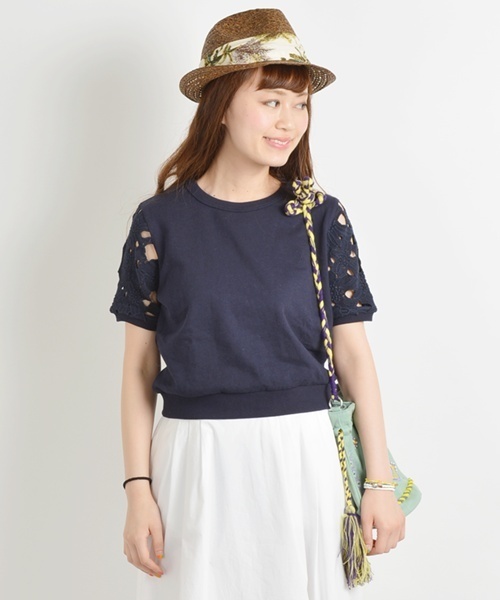 Khaju（カージュ）の「Khaju:レースショートスリーブスウェット□（スウェット・レディース・ホワイト/ネイビー・ONE SIZE）」の2枚目の写真