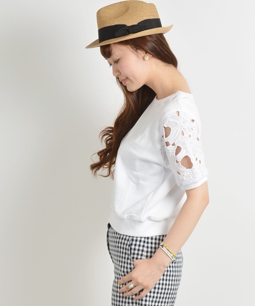 Khaju（カージュ）の「Khaju:レースショートスリーブスウェット□（スウェット・レディース・ホワイト/ネイビー・ONE SIZE）」の3枚目の写真