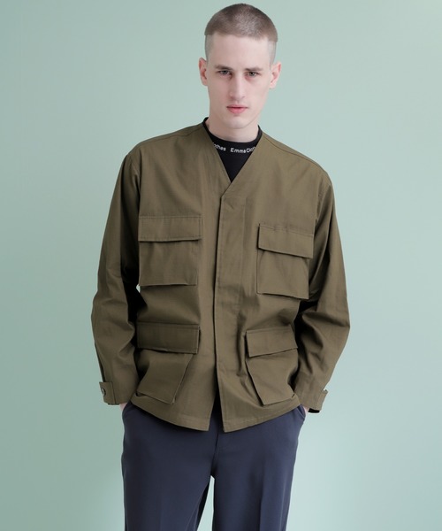 コットンツイル地 マルチポケット ノーカラーミリタリーシャツ