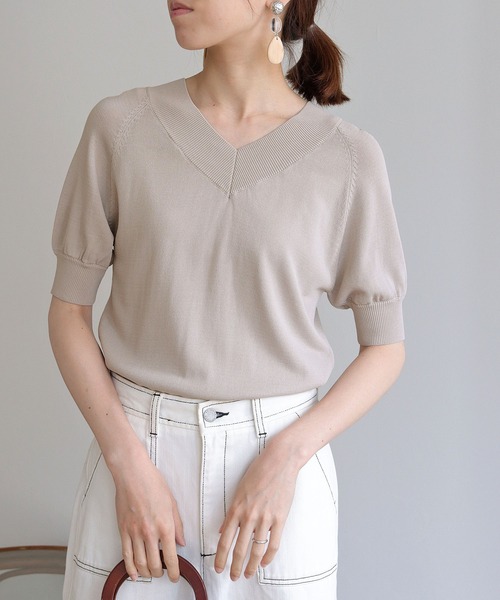 HER CLOSET(ハークローゼット)の「【HERCLOSET】前後2wayハーフスリーブニット(ニット/セーター・レディース・ホワイト/ブラック/グレイッシュベージュ/カーキ/ブルー・M)」の4枚目の写真