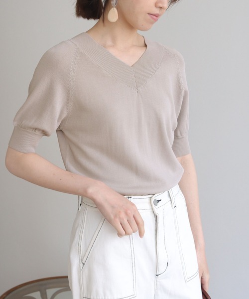 HER CLOSET(ハークローゼット)の「【HERCLOSET】前後2wayハーフスリーブニット(ニット/セーター・レディース・ホワイト/ブラック/グレイッシュベージュ/カーキ/ブルー・M)」の12枚目の写真