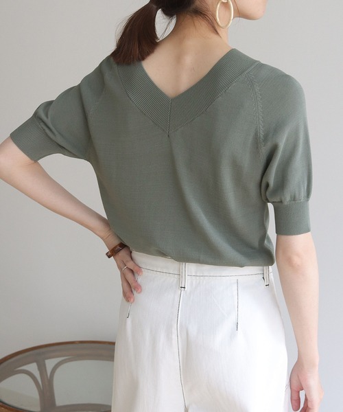 HER CLOSET(ハークローゼット)の「【HERCLOSET】前後2wayハーフスリーブニット(ニット/セーター・レディース・ホワイト/ブラック/グレイッシュベージュ/カーキ/ブルー・M)」の17枚目の写真