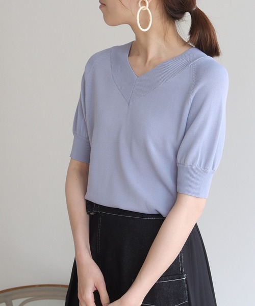 HER CLOSET(ハークローゼット)の「【HERCLOSET】前後2wayハーフスリーブニット(ニット/セーター・レディース・ホワイト/ブラック/グレイッシュベージュ/カーキ/ブルー・M)」の18枚目の写真