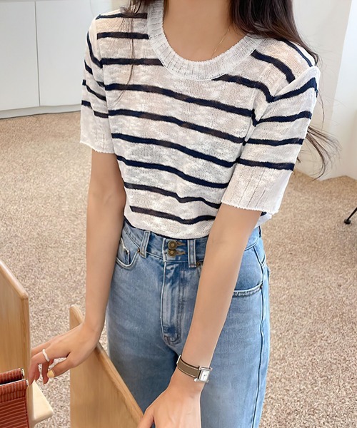 me+em select（ミームセレクト）の「【数量限定販売】リネンライクシースルーボーダーニット（ニット/セーター・レディース・ブラウン/ミント/アイボリー/ネイビー・FREE）」の7枚目の写真