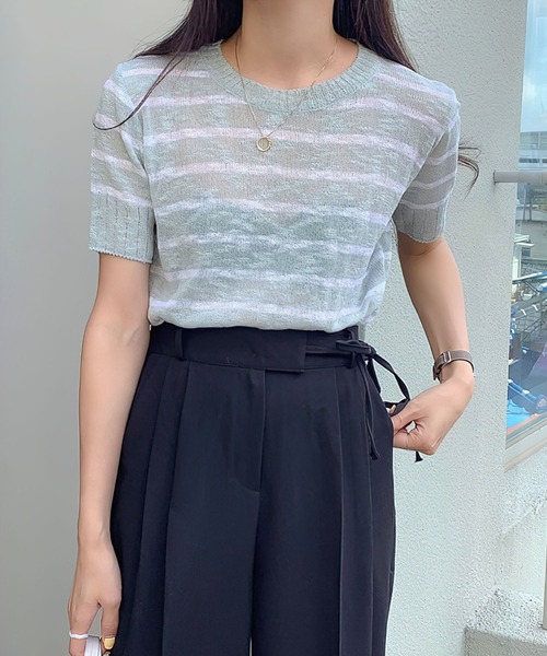 me+em select（ミームセレクト）の「【数量限定販売】リネンライクシースルーボーダーニット（ニット/セーター・レディース・ブラウン/ミント/アイボリー/ネイビー・FREE）」の17枚目の写真