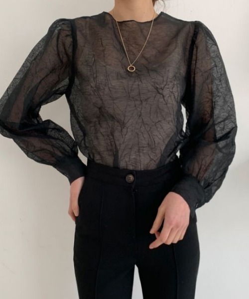 MANGROVE（マングローブ）の「シアーシフォンパフブラウス（シャツ/ブラウス・レディース・ブラック/アイボリー・FREE）」の12枚目の写真
