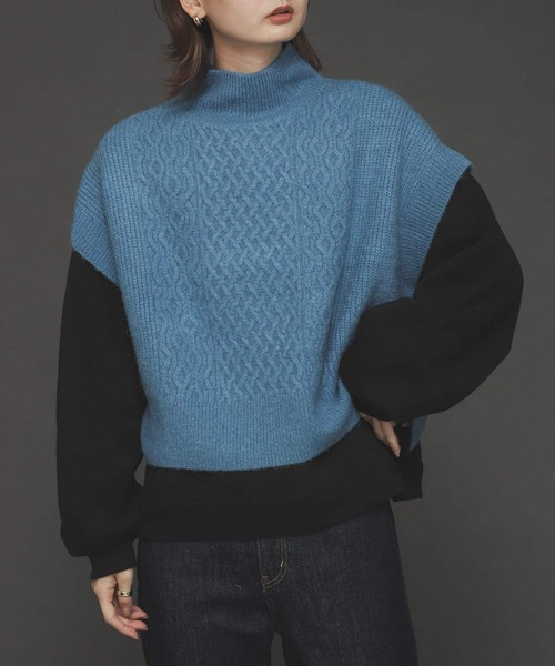 SENSE OF PLACE by URBAN RESEARCH（センスオブプレイスバイアーバンリサーチ）の「ストレッチアルパカケーブルショートベスト（ベスト・レディース・ライトブルー/ブラック/アイボリー・ONE）」の15枚目の写真