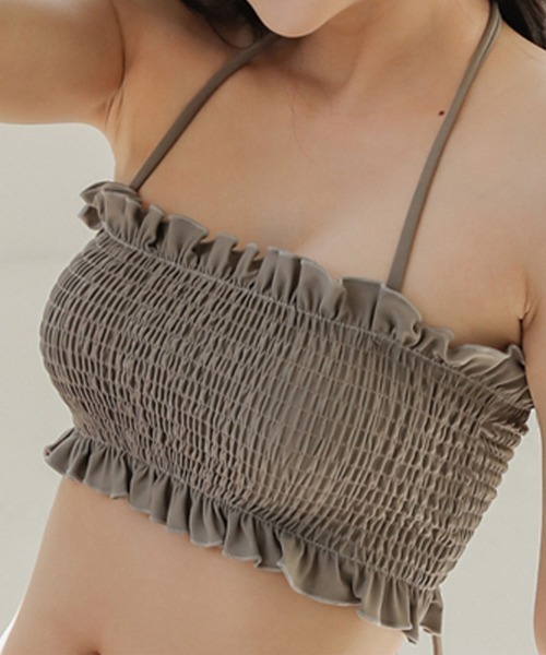 Dalfwin（ダールフィン）の「エスニック風シャーリングレースアップビキニ×ワンピースセット水着（水着・レディース・ブラウン/カーキ/ピンク/グリーン・SMALL/MEDIUM/LARGE）」の18枚目の写真