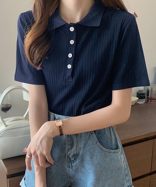 Amulet（アミュレット）の「ショートスリーブリブポロシャツ（ポロシャツ・レディース・クリーム/ブラック/グレー/ブルー/ブラウン/ネイビー/ホワイト/ダークグレー・FREE）」の7枚目の写真