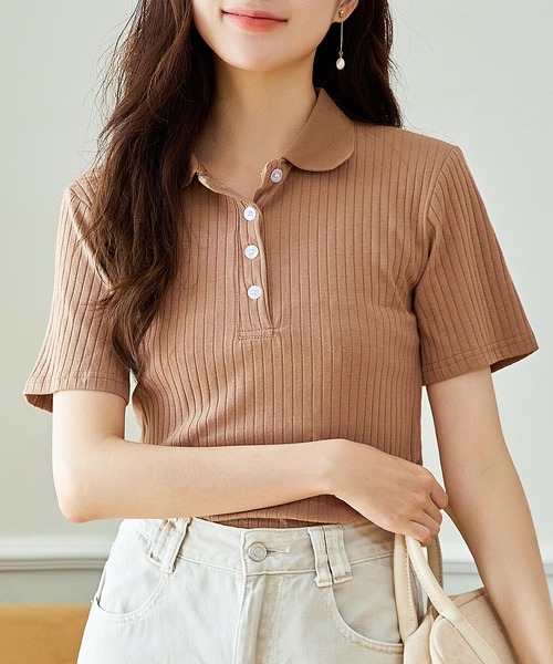 Amulet（アミュレット）の「ショートスリーブリブポロシャツ（ポロシャツ・レディース・クリーム/ブラック/グレー/ブルー/ブラウン/ネイビー/ホワイト/ダークグレー・FREE）」の5枚目の写真