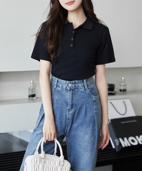 Amulet（アミュレット）の「ショートスリーブリブポロシャツ（ポロシャツ・レディース・クリーム/ブラック/グレー/ブルー/ブラウン/ネイビー/ホワイト/ダークグレー・FREE）」の12枚目の写真