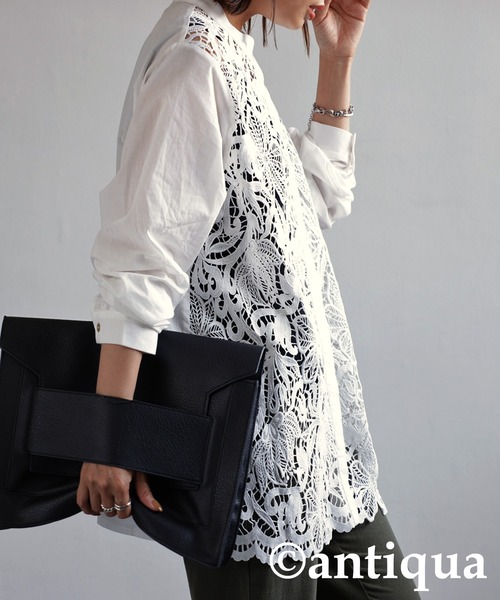 antiqua（アンティカ）の「レースバンドカラーシャツ（シャツ/ブラウス・レディース・ホワイト/ブラック・FREE）」の5枚目の写真