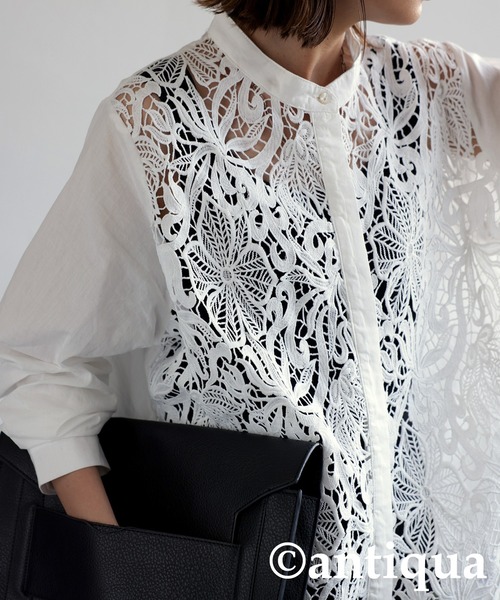 antiqua（アンティカ）の「レースバンドカラーシャツ（シャツ/ブラウス・レディース・ホワイト/ブラック・FREE）」の6枚目の写真
