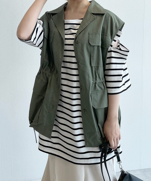 w closet(ダブルクローゼット)の「ボーダーショルダースリットTシャツ(Tシャツ/カットソー・レディース・ホワイト×ピンク/ブルー系その他/ブラウン系その他/ブラック×ホワイト/ホワイト×ブラウン/ホワイト系その他/ブラウン系その他2/グレー系その他・FREE)」の2枚目の写真