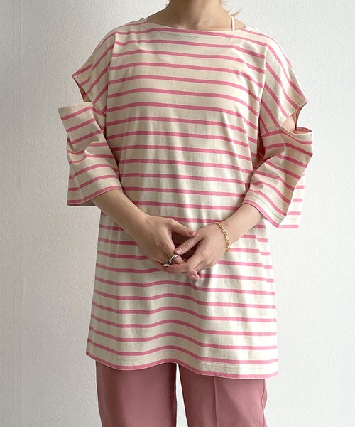 w closet(ダブルクローゼット)の「ボーダーショルダースリットTシャツ(Tシャツ/カットソー・レディース・ホワイト×ピンク/ブルー系その他/ブラウン系その他/ブラック×ホワイト/ホワイト×ブラウン/ホワイト系その他/ブラウン系その他2/グレー系その他・FREE)」の13枚目の写真