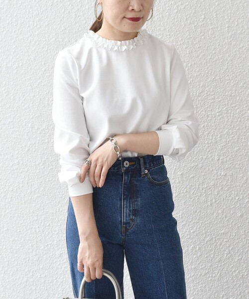 SHIPS（シップス）の「*〈洗濯機可能〉フリルカラーカットソー◇（Tシャツ/カットソー・レディース・ブラック/ライトホワイト/グリーン/ダークブルー・ONE SIZE）」の7枚目の写真