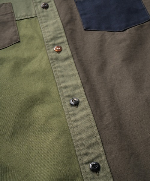 FDMTL（ファンダメンタル）の「FDMTL/ファンダメンタル PATCHWORK S/S SHIRT RINSE パッチワークシャツ（シャツ/ブラウス・メンズ・カーキ・2/4/3）」の2枚目の写真