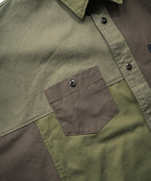FDMTL（ファンダメンタル）の「FDMTL/ファンダメンタル PATCHWORK S/S SHIRT RINSE パッチワークシャツ（シャツ/ブラウス・メンズ・カーキ・2/4/3）」の3枚目の写真