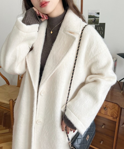 moment+（モーメントプラス）の「ニットシャギーロングチェスターコート(シャギーコート)（チェスターコート・レディース・チャコールグレー/ベージュ/グレー/アイボリー・M/L）」の10枚目の写真