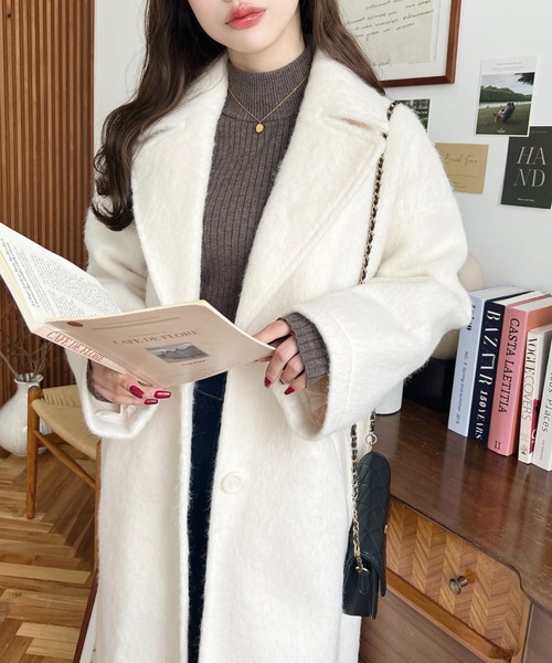 moment+（モーメントプラス）の「ニットシャギーロングチェスターコート(シャギーコート)（チェスターコート・レディース・チャコールグレー/ベージュ/グレー/アイボリー・M/L）」の11枚目の写真