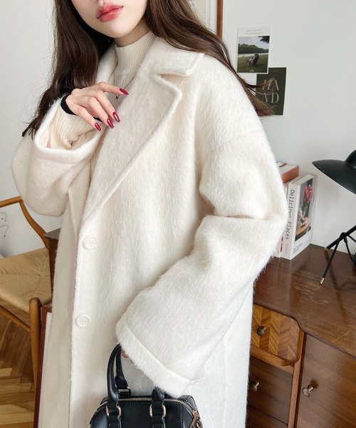 moment+（モーメントプラス）の「ニットシャギーロングチェスターコート(シャギーコート)（チェスターコート・レディース・チャコールグレー/ベージュ/グレー/アイボリー・M/L）」の6枚目の写真