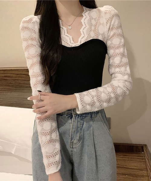 NinaetLina（ニナエリナ）の「異素材長袖ニットブラウス（シャツ/ブラウス・レディース・ブラック/パープル/ホワイト・FREE）」の2枚目の写真