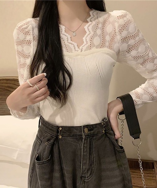 NinaetLina（ニナエリナ）の「異素材長袖ニットブラウス（シャツ/ブラウス・レディース・ブラック/パープル/ホワイト・FREE）」の5枚目の写真