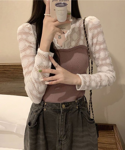 NinaetLina（ニナエリナ）の「異素材長袖ニットブラウス（シャツ/ブラウス・レディース・ブラック/パープル/ホワイト・FREE）」の11枚目の写真