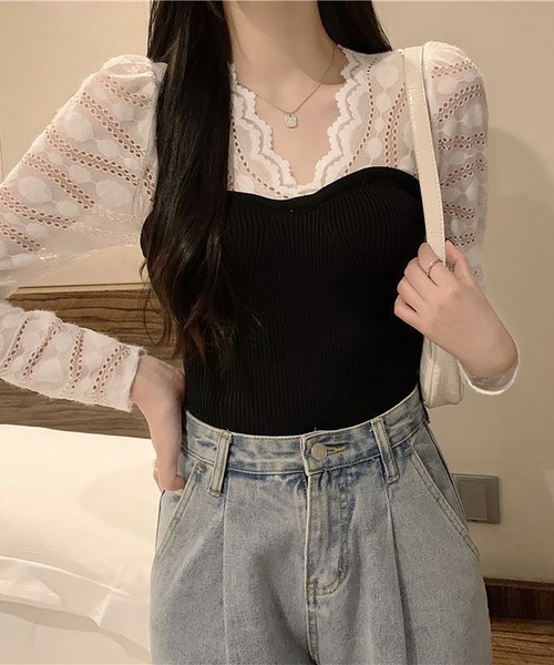 NinaetLina（ニナエリナ）の「異素材長袖ニットブラウス（シャツ/ブラウス・レディース・ブラック/パープル/ホワイト・FREE）」の9枚目の写真