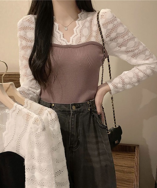 NinaetLina（ニナエリナ）の「異素材長袖ニットブラウス（シャツ/ブラウス・レディース・ブラック/パープル/ホワイト・FREE）」の13枚目の写真