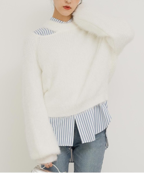 ANAP(アナップ)の「フェザーヤーンカットアウトニットトップス(ニット/セーター・レディース・オフホワイト/イエロー×グリーン/グレー/ブラック・FREE)」の2枚目の写真