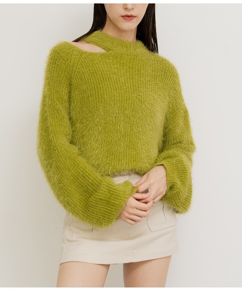 ANAP(アナップ)の「フェザーヤーンカットアウトニットトップス(ニット/セーター・レディース・オフホワイト/イエロー×グリーン/グレー/ブラック・FREE)」の1枚目の写真