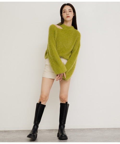 ANAP(アナップ)の「フェザーヤーンカットアウトニットトップス(ニット/セーター・レディース・オフホワイト/イエロー×グリーン/グレー/ブラック・FREE)」の7枚目の写真