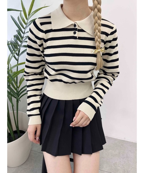 PHILLY（フィリー）の「【PHILLY】ボーダーニットポロ（Tシャツ/カットソー・レディース・ブラウン/ベージュ/ブラック/ネイビー・FREE）」の4枚目の写真